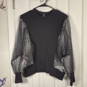 Forever 21 Black Sheer Mesh Puff Sleeve Sweatshirt – Polka Dot Flock Size S